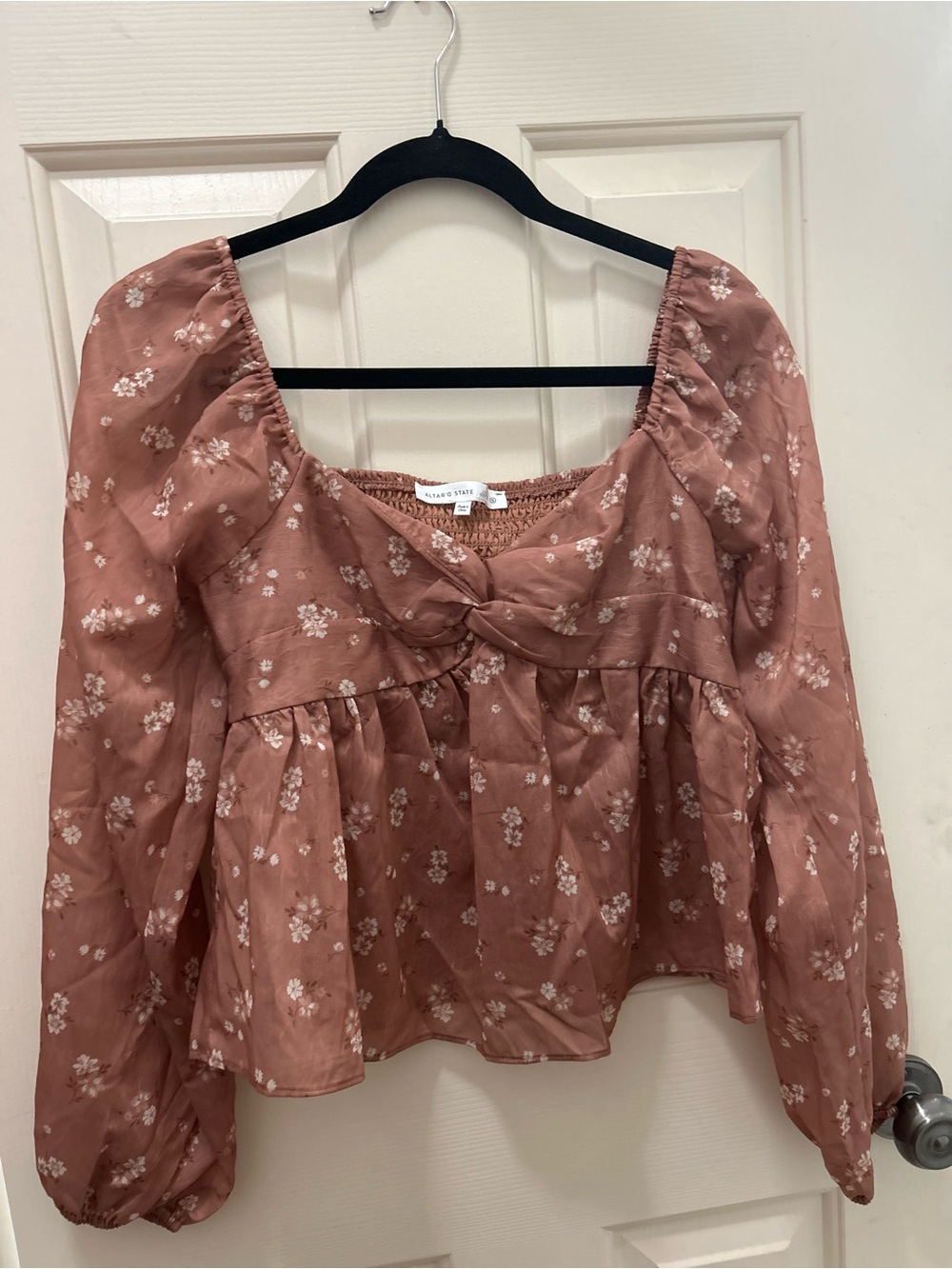 NWOT Altar'd State Taupe Floral Knot-Front Peplum Puff Sleeve Blouse Size Small